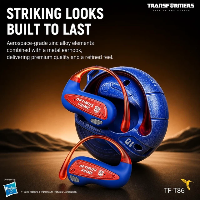 Alt view image 3 of 5 - Transformers Flux T86 Ear-Hook Bluetooth Wireless Earbuds, Heavy-Duty Zinc Alloy Armor Charging Case, 14.2mm Hi-Fi Drivers, Built-in Mic, Game & Music Modes, Sports Earphones (Optimus Prime Blu