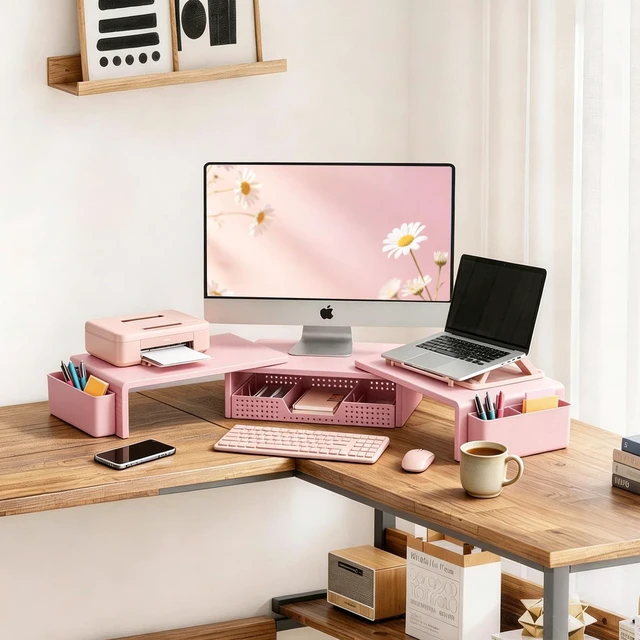 Alt view image 2 of 5 - LEKETREE Dual Monitor Stand Riser with Drawer and 2 Pen Holders, Pink
