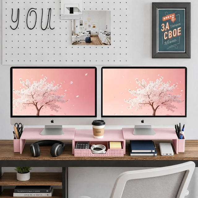 Alt view image 3 of 5 - LEKETREE Dual Monitor Stand Riser with Drawer and 2 Pen Holders, Pink