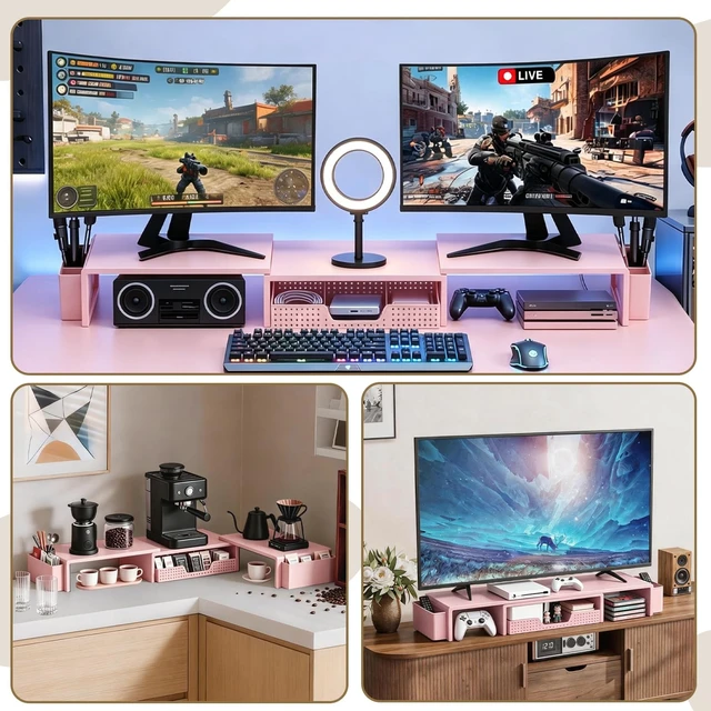 Alt view image 4 of 5 - LEKETREE Dual Monitor Stand Riser with Drawer and 2 Pen Holders, Pink