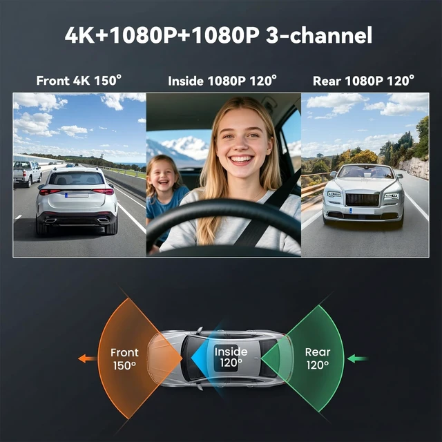 Alt view image 2 of 5 - 3 Channel Dash Cam Front and Rear Inside 4K Dash Camera for Cars with WiFi App Control Dashcam,3.16 inch IPS Screen Dash Cam with G-Sensor,Loop Recording,Night Vision Dashboard Camera