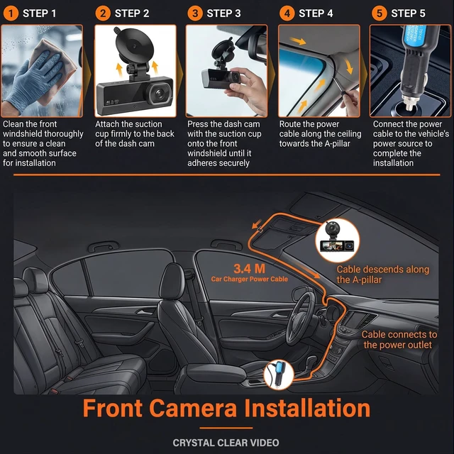 Alt view image 4 of 5 - 3 Channel Dash Cam Front and Rear Inside 4K Dash Camera for Cars with WiFi App Control Dashcam,3.16 inch IPS Screen Dash Cam with G-Sensor,Loop Recording,Night Vision Dashboard Camera
