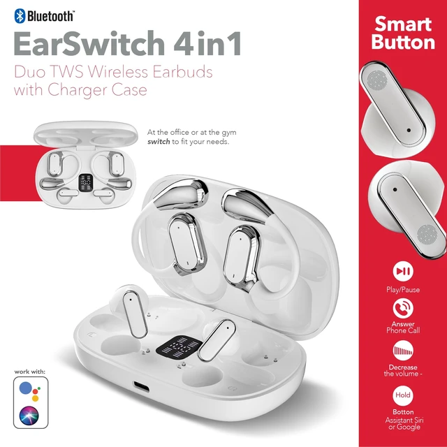 Alt view image 4 of 5 - RCA EarSwitch 4in1 Duo TWS Wireless Earbuds, Bluetooth 5.4 Open-Ear & in-Ear Headphones, Dual Earbud Sets in One Case, 20H Playtime, LED Display, Ultra Bass, Touch Control, Sport & Gym (White)