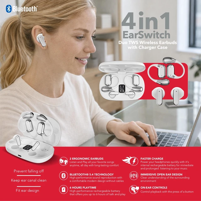 Alt view image 5 of 5 - RCA EarSwitch 4in1 Duo TWS Wireless Earbuds, Bluetooth 5.4 Open-Ear & in-Ear Headphones, Dual Earbud Sets in One Case, 20H Playtime, LED Display, Ultra Bass, Touch Control, Sport & Gym (White)