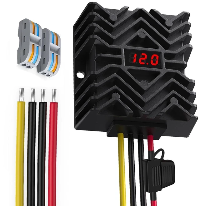 Main image of LED Display & MCU Chip 24VDC to 12VDC Converter with Terminal Block & Inline Fuse, Thick 16AWG Cables, Waterproof Step Down Power for Marine, Solar, RV