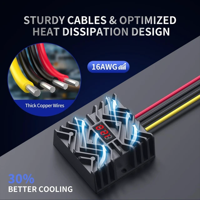 Alt view image 4 of 5 - LED Display & MCU Chip 24VDC to 12VDC Converter with Terminal Block & Inline Fuse, Thick 16AWG Cables, Waterproof Step Down Power for Marine, Solar, RV