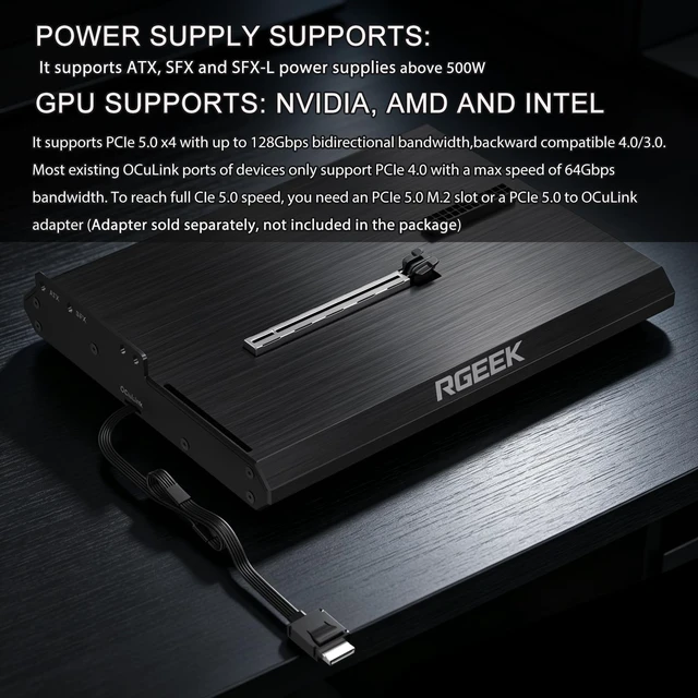 Alt view image 4 of 5 - RGEEK OCuLink eGPU Dock PCIe 5.0 X4 128Gbps for External Graphics Card eGPU