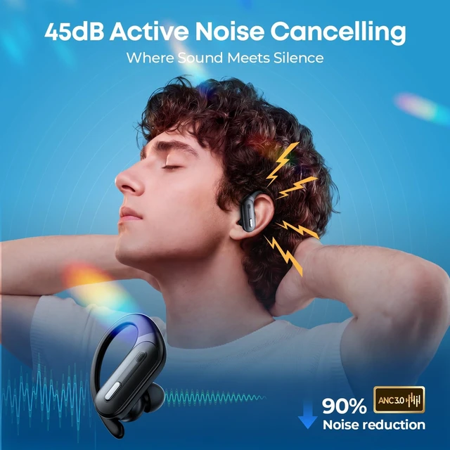 Alt view image 2 of 5 - GNMN Active Noise Cancelling Ear Buds Wireless Earbuds 90Hrs Playtime Bluetooth Headphones with Hi-Res Stereo Deep Bass Power Display Earphones with Earhooks Waterproof (Black)