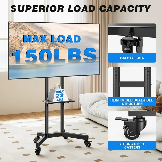 Alt view image 2 of 5 - Portable Rolling TV Stand with Shelf for 32-85 in TVs up to 150 lbs
