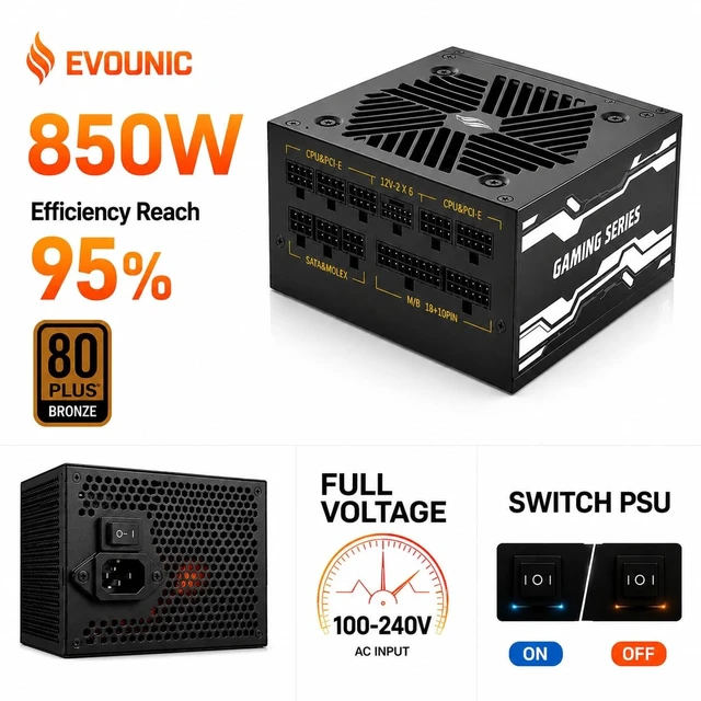 Alt view image 2 of 5 - Evounic 850W Gaming Power Supply,Fully Modular ATX 3.1 PSU, Support for PCIe 5.1 GPUs, semi-Passive 120mm Fan, LLC Technology, Single Rail, for Overclocked GPUs