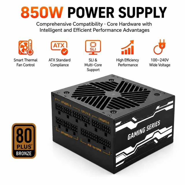 Alt view image 4 of 5 - Evounic 850W Gaming Power Supply,Fully Modular ATX 3.1 PSU, Support for PCIe 5.1 GPUs, semi-Passive 120mm Fan, LLC Technology, Single Rail, for Overclocked GPUs