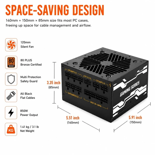 Alt view image 5 of 5 - Evounic 850W Gaming Power Supply,Fully Modular ATX 3.1 PSU, Support for PCIe 5.1 GPUs, semi-Passive 120mm Fan, LLC Technology, Single Rail, for Overclocked GPUs