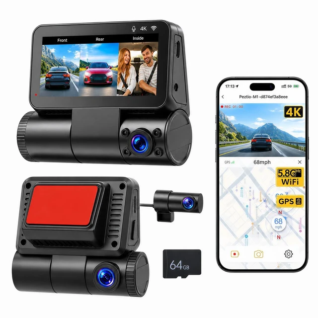 Main image of SIXTOP 3 Channel Dash Cam Front and Rear Inside, 4K+1080P+1080P Dash Camera for Cars 5.8Ghz WiFi, GPS, ADAS, 64GB Card Included 3 IPS Screen WDR Night Vision G-Sensor Loop Recording 24/7 Parking Mode