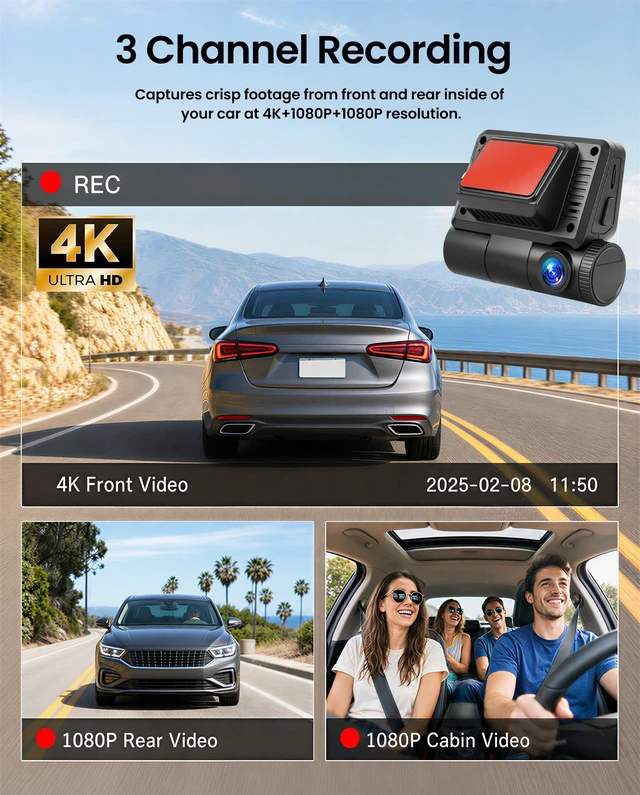 Alt view image 2 of 5 - SIXTOP 3 Channel Dash Cam Front and Rear Inside, 4K+1080P+1080P Dash Camera for Cars 5.8Ghz WiFi, GPS, ADAS, 64GB Card Included 3 IPS Screen WDR Night Vision G-Sensor Loop Recording 24/7 Parking Mode