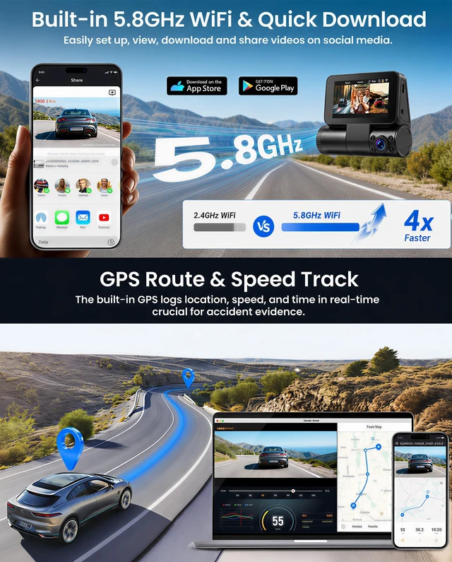 Alt view image 4 of 5 - SIXTOP 3 Channel Dash Cam Front and Rear Inside, 4K+1080P+1080P Dash Camera for Cars 5.8Ghz WiFi, GPS, ADAS, 64GB Card Included 3 IPS Screen WDR Night Vision G-Sensor Loop Recording 24/7 Parking Mode