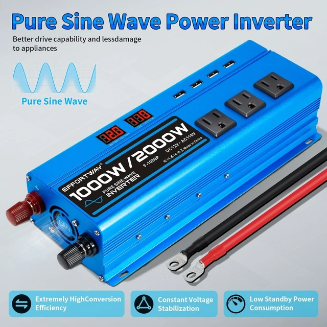 Alt view image 2 of 5 - 1000W Pure Sine Wave Inverter DC 12V to AC 110V/120V Converter 2000w (Peak) Car Power Converter with 3 AC Outlets, 4USB Port,Power Inverter for Car, Truck, Home, Vehicles, Laptop