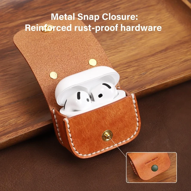 Alt view image 4 of 5 - Handmade Full-Grain Leather Case for AirPods 4, Protective Earphone Covers with Lanyard,1:1 Build, 360 Drop-Proof, Supports Charging Without Removing (Type-b-Orange + Green, Apple AirPods 4)