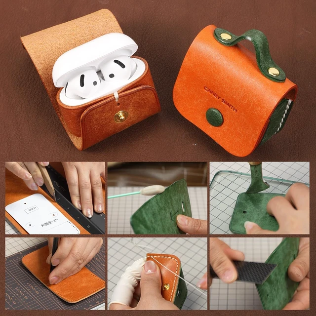Alt view image 5 of 5 - Handmade Full-Grain Leather Case for AirPods 4, Protective Earphone Covers with Lanyard,1:1 Build, 360 Drop-Proof, Supports Charging Without Removing (Type-b-Orange + Green, Apple AirPods 4)