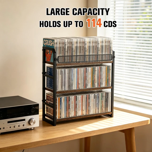 Alt view image 4 of 5 - EFYSE 3-Tier CD Rack, Storage and Display Organizer, Compact Space-Saving Holder for Home, Office, or Bedroom, Durable Metal Construction, Holds 114 CDs
