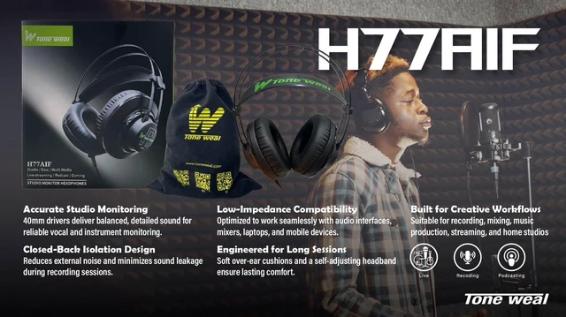 Alt view image 5 of 5 - Tone weal H77AIF Semi-Professional Studio Monitoring Headphones