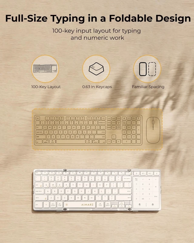 Alt view image 2 of 5 - AIMARZ AF01 Foldable Keyboard, Full-Size Keys, Touchpad/Number Pad, White