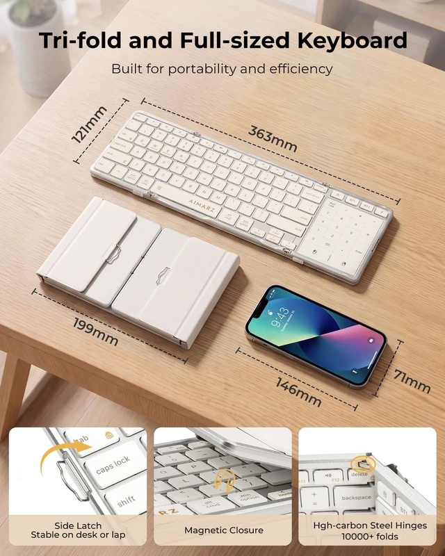 Alt view image 3 of 5 - AIMARZ AF01 Foldable Keyboard, Full-Size Keys, Touchpad/Number Pad, White