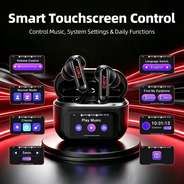 Alt view image 3 of 5 - AIRO Duo Touch Screen Wireless Earbuds, Bluetooth 5.4 ANC in-Ear Headphones