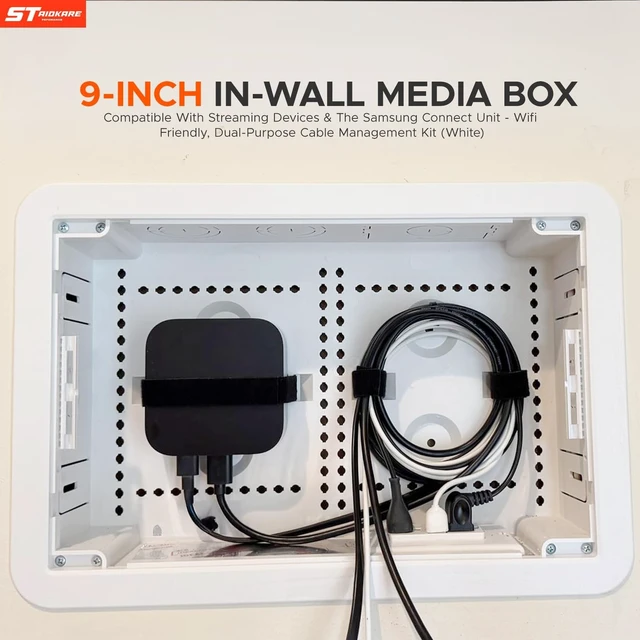Alt view image 2 of 5 - 9" Recessed in-Wall Media Box with Outlet - Cable Management Enclosure for TV, WiFi Router & Network Devices - Flush Mount Wall Box for Samsung One Connect, Streaming Players (White)