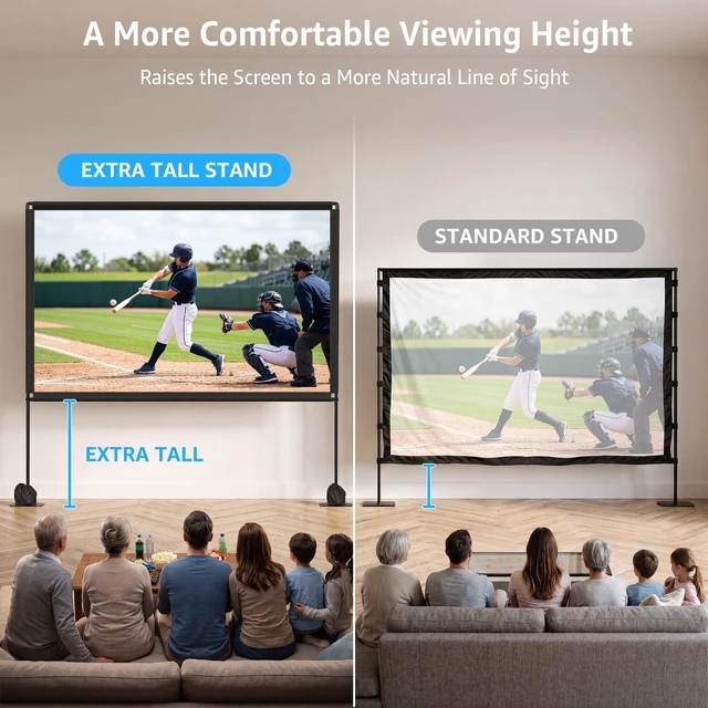 Alt view image 4 of 5 - 120 Inch Projector Screen with Stand Outdoor Large Adjustable Height 4K Portable White Standing Projector Screens for Outdoor Camping and Backyard Out Door