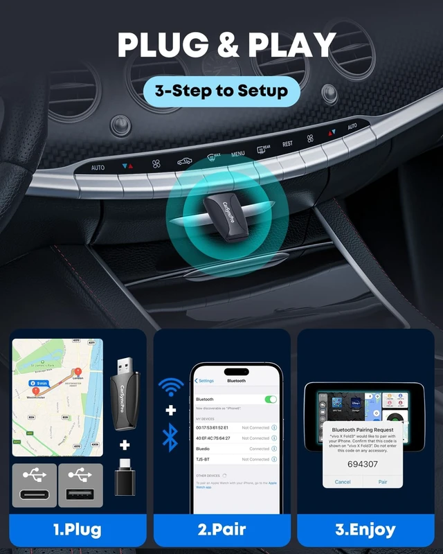 Alt view image 4 of 5 - Wireless CarPlay & Android Auto Adapter - Fast & Stable Connection, Plug & Play, Universal Fit for iOS 10+/Android 11+, Transform Your Wired System to Wireless with Type-C/USB-A for 800+