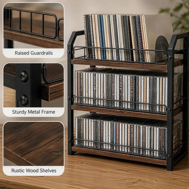 Alt view image 4 of 5 - HLiikuikin 3-Tier CD Display Shelf, CD Storage Rack for CDs, Records, Media Organizer for Home Office Desktop