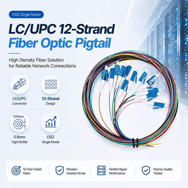 Alt view image 2 of 5 - 4 Sets 12-Strand LC/UPC Fiber Optic Pigtail, OS2 Single Mode 9/125m 1.5M, Bundled Yellow PVC Jacket, TIA-598 Color-Coded 0.9mm Tight Buffer, Imported Ceramic Ferrule, for ODF FTTH Data Center CATV