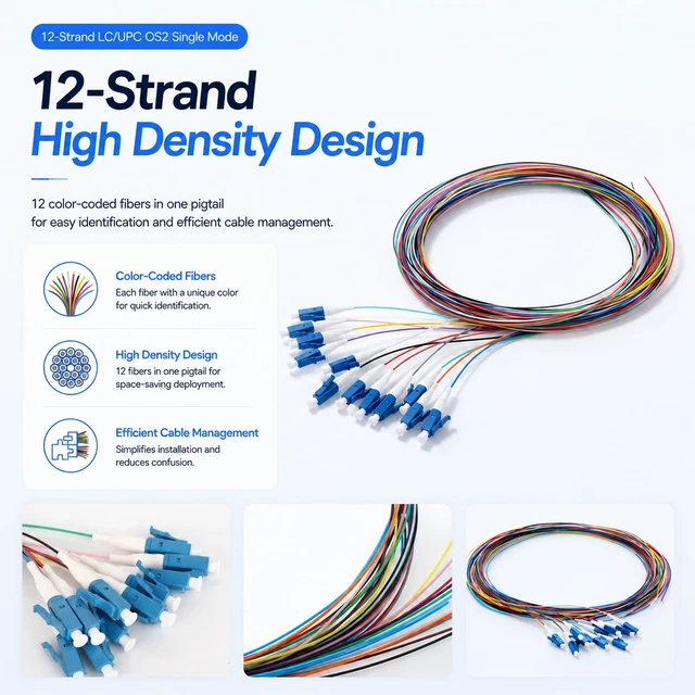 Alt view image 4 of 5 - 4 Sets 12-Strand LC/UPC Fiber Optic Pigtail, OS2 Single Mode 9/125m 1.5M, Bundled Yellow PVC Jacket, TIA-598 Color-Coded 0.9mm Tight Buffer, Imported Ceramic Ferrule, for ODF FTTH Data Center CATV
