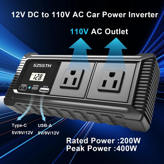 Alt view image 2 of 5 - 200W Car Power Inverter DC12V to AC110V, Car Charger with Dual AC Outlet 18W QC 3.0 USB-A and PD27W USB-C Fast Charger and Car Cigarette Lighter, Power Inverters for Road Trip,Camping,Work (Black)