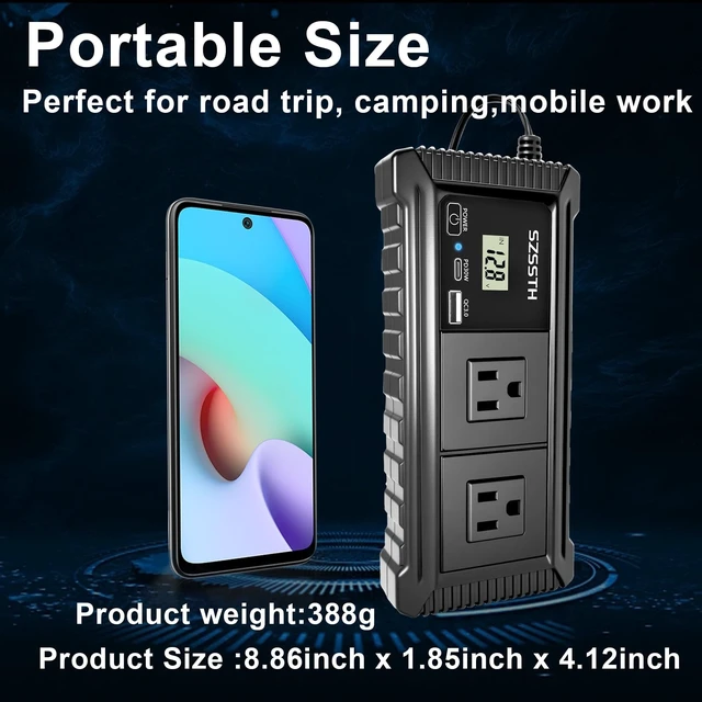 Alt view image 5 of 5 - 200W Car Power Inverter DC12V to AC110V, Car Charger with Dual AC Outlet 18W QC 3.0 USB-A and PD27W USB-C Fast Charger and Car Cigarette Lighter, Power Inverters for Road Trip,Camping,Work (Black)