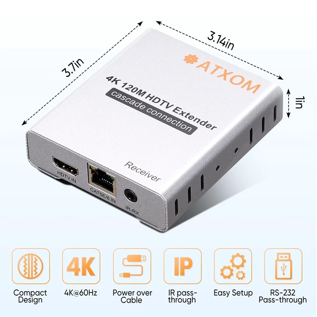 Alt view image 5 of 5 - ATXOM 4K HDMI Extender Over Single Cat5E/6/7 Ethernet LAN Cable Up to 230ft, Supports IR, HDCP, RS232 and PoC