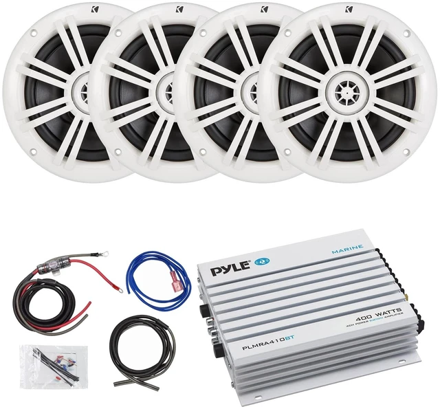 Main image of 4 x Kicker 6.5" Marine Boat Coaxial White Speakers Combo Bundle With Pyle Elite Series 400 Watt 4-Channel Marine Car Bluetooth Amplifier and 8 Gauge Total Amplifier Installation Wiring Kit