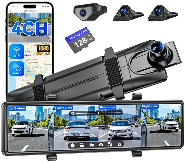 Main image of 12'' Rear View Mirror Camera,4 Channel Mirror Dash Cam Detached Camera for Cars1080P Front Rear Left Right Dash Camera for Car with 128GB Card, Night Vision, G-Sensor