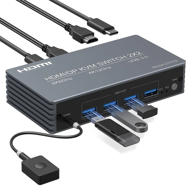 Main image of 4K@120Hz HDMI DP Kvm Switch 2 Monitors 2 Computers 8K@60Hz Monitor Displayport KVM Switches, 4 USB3.0 Ports for 2 PC Share Mouse Keyboard and 2 Screens Support Button Switch PoC EDID Plug and Play