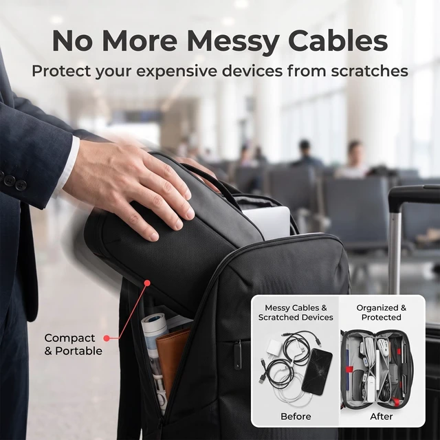 Alt view image 4 of 5 - Electronic Organizer Accessory Pouch for MacBook Charger, Cable, Power Bank, Hard Drive, Water-Resistant, Removable Card Slots, Black