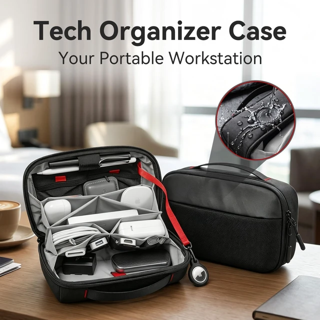 Alt view image 5 of 5 - Electronic Organizer Accessory Pouch for MacBook Charger, Cable, Power Bank, Hard Drive, Water-Resistant, Removable Card Slots, Black