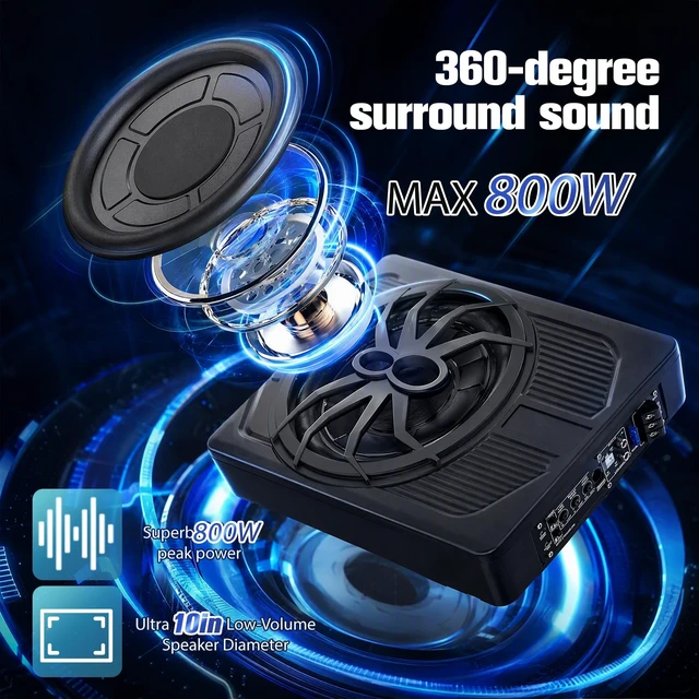 Alt view image 2 of 5 - 10"800W Under Seat Subwoofers With Amp,All-in-One Subwoofer And Amp Package With Blue Light&Robust Cooling,Individual Control for Low Pass/Gain/Boost Bass,Perfect Deep Bass for Car/Truck/SUV/Jeep/MPV
