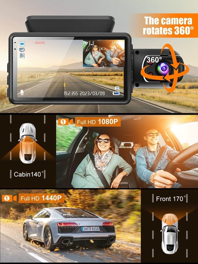 Alt view image 2 of 5 - Dash Cam Front and Inside, Dual Channel, 360 Dash Cam with 32g SD Card, 1440p +1080p Dash Camera for Cars, Cabin, Dashcam with 3"" LCD IR Night Vision