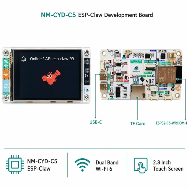 Alt view image 4 of 5 - RockBase NM-CYD-C5 ESP32-C5 Development Board, 2.8" Touchscreen, Dual-Band Wi-Fi 6, Built-in ESP-Claw AI Smart Frame, Compatible with Arduino