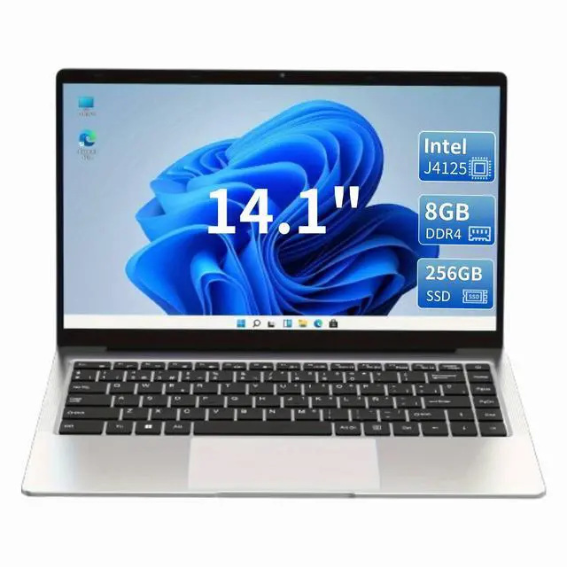 Main image of KurieTim 14.1 Inch Laptop, 8GB DDR4 RAM, 256GB M.2 SATA SSD, Laptops Computer with Celeron CPU J4125 (4C/4T, Up to 2.7GHz), 14.1" FHD IPS LCD Screen, WiFi, Webcam, USB-A x2, Mini HDMI, Silver
