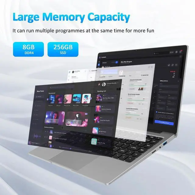 Alt view image 2 of 7 - KurieTim 14.1 Inch Laptop, 8GB DDR4 RAM, 256GB M.2 SATA SSD, Laptops Computer with Celeron CPU J4125 (4C/4T, Up to 2.7GHz), 14.1" FHD IPS LCD Screen, WiFi, Webcam, USB-A x2, Mini HDMI, Silver