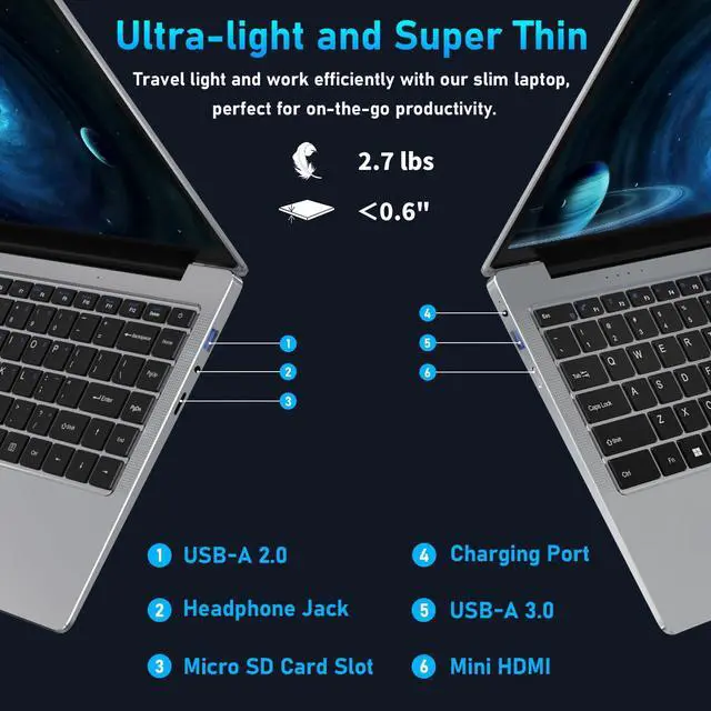Alt view image 3 of 7 - Auusda 14.1'' FHD Laptop, Quad-Core, 8GB RAM, 256GB SSD, Win11 Pro, Mini HDMI, Dual-Band WiFi, Bluetooth, Webcam, Lightweight Notebook, Student & Business, 2-Year Warranty, Gray