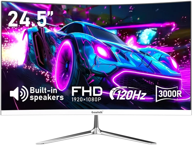 Main image of 24.5 Inch Gaming Curved Monitor Built-in Speakers, 3000R 120Hz White PC Screen Full HD 1080P, HDMI 2.0, VGA, Wall Mount Compatible 75 * 75mm