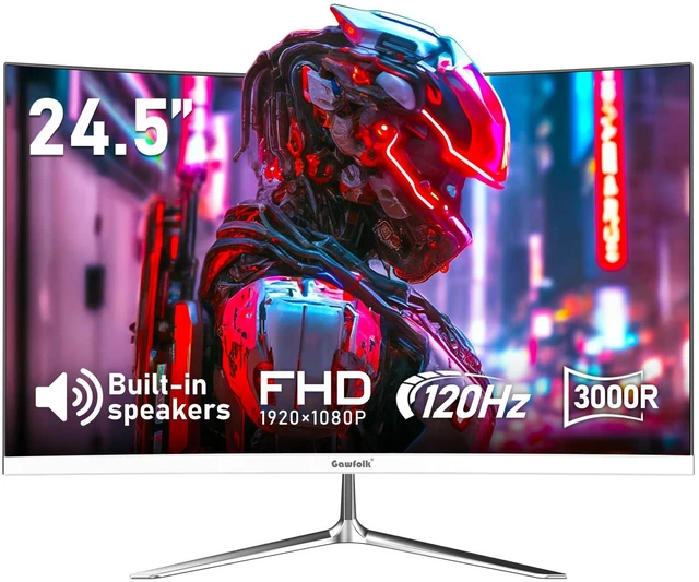 Alt view image 7 of 7 - 24.5 Inch Gaming Curved Monitor Built-in Speakers, 3000R 120Hz White PC Screen Full HD 1080P, HDMI 2.0, VGA, Wall Mount Compatible 75 * 75mm
