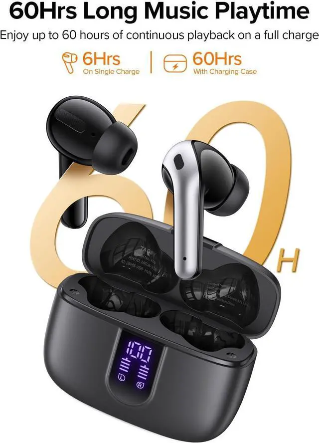 Alt view image 3 of 7 - Bluetooth Headphones True Wireless Earbuds 60H Playback LED Power Display Earphones with Wireless Charging Case IPX5 Waterproof in-Ear Ear buds with Mic for TV Smart Phone Laptop Computer Sports